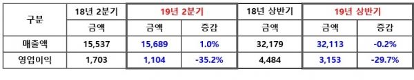 (사진= 아모레퍼시픽 제공 | 아모레퍼시픽그룹 2019년 2분기 및 상반기 실적 [K-IFRS 연결] 단위: 억원)